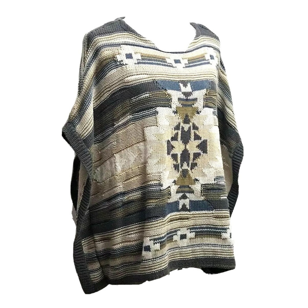 Orvis Southwestern Geometric Knit Poncho Sweater Earthy Cotton Womens O/S